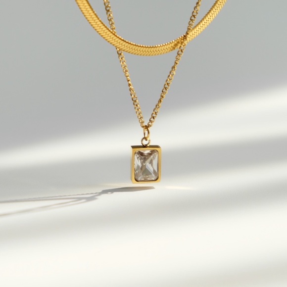 Herringbone Rectangle Zirconia Necklace Set | Gold Plated Stainless Steel - Picture 3 of 4